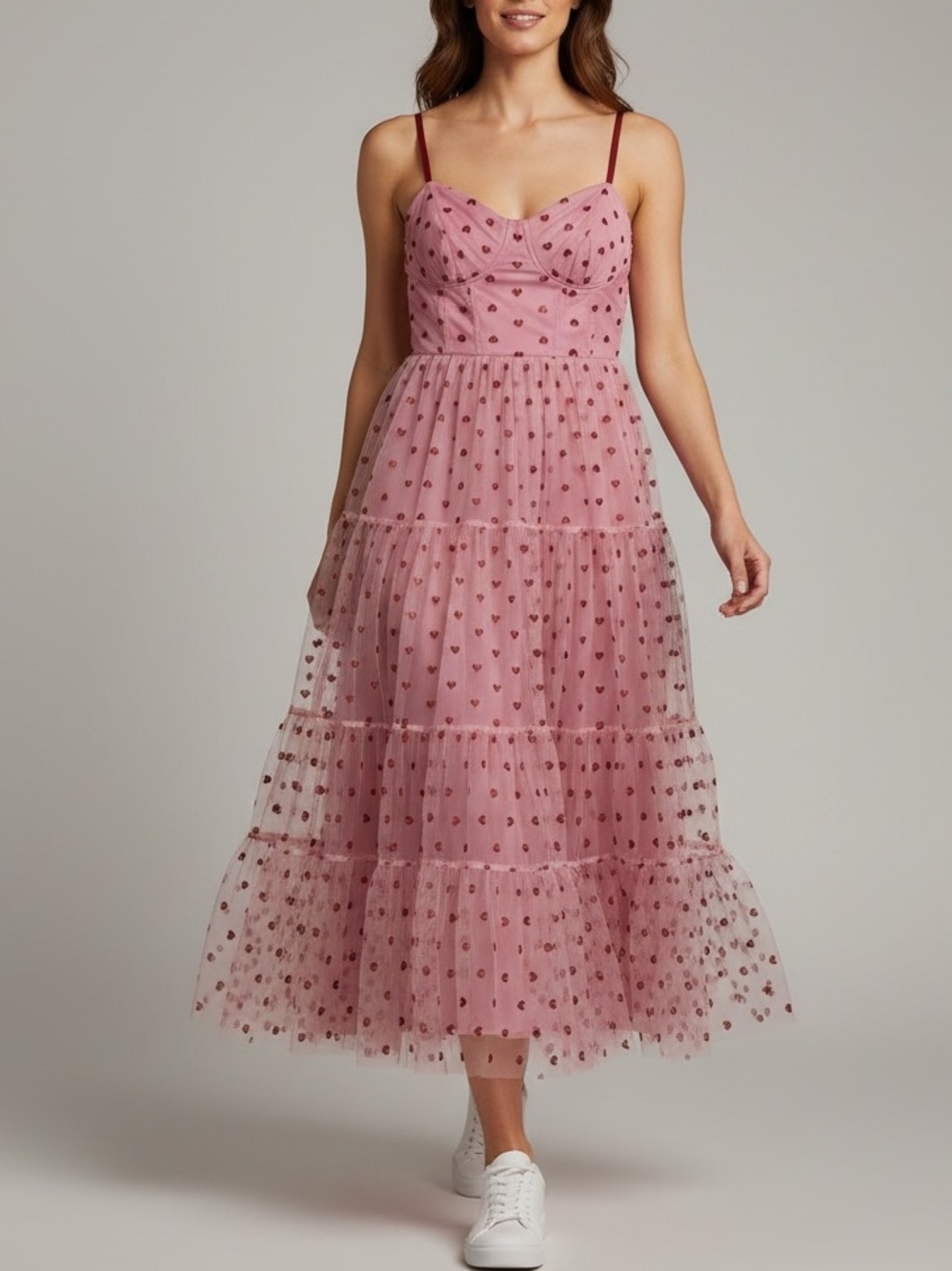 NWT Betsey Johnson Pink Heart-Print Tulle Spaghetti Strap Dress Size Large
